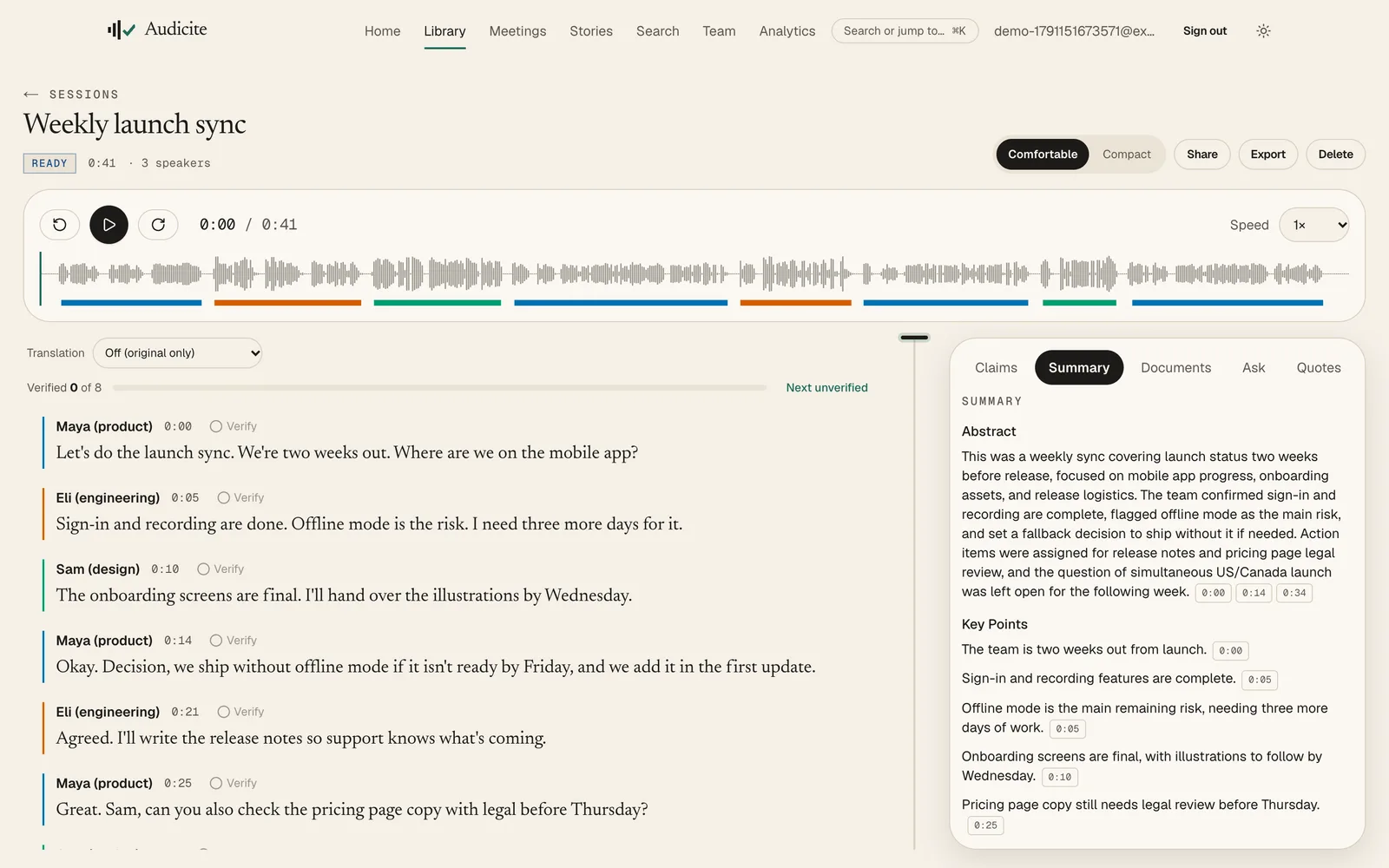 A meeting transcript with a summary of decisions and actions.