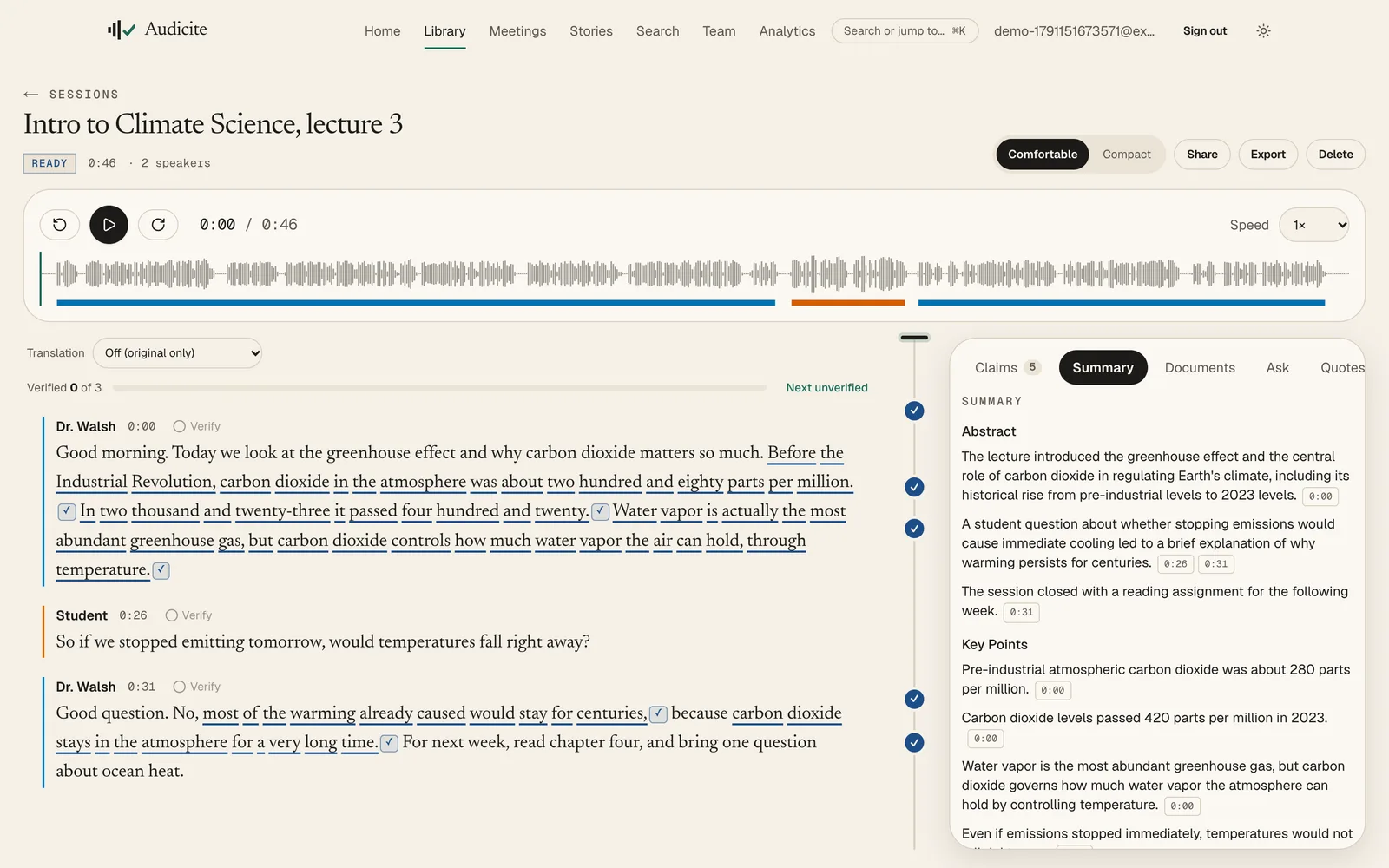A climate science lecture transcript with the lecturer and a student labelled and an automatic summary of key points.