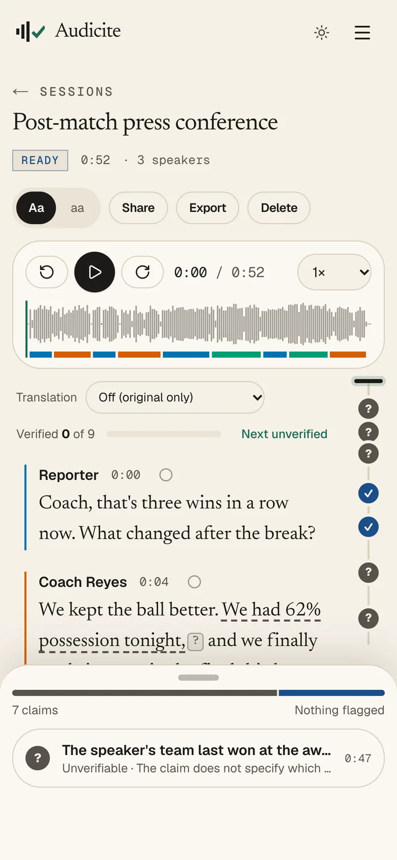 Audicite on a phone showing a transcript with named speakers and a claims sheet.