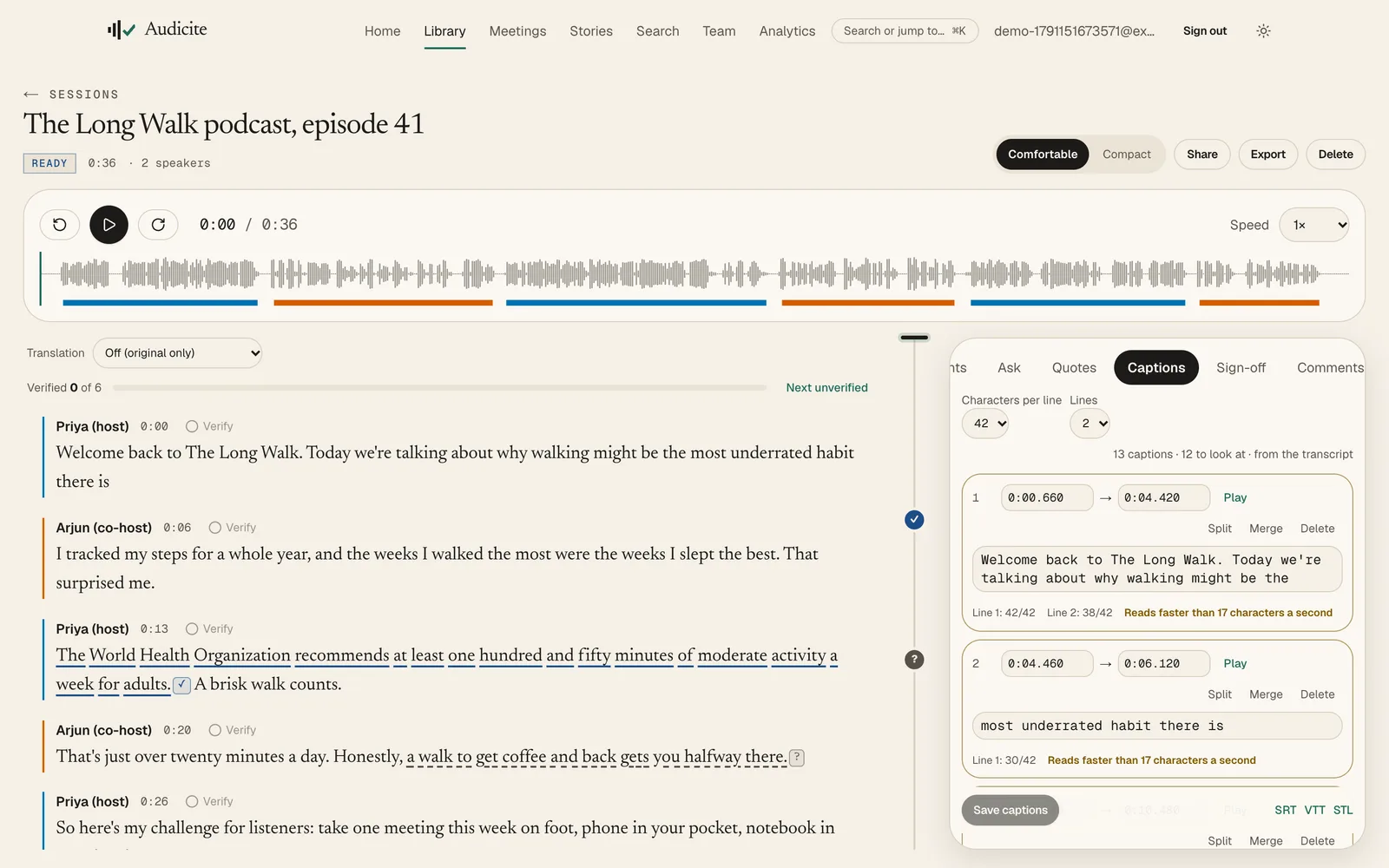 A podcast transcript with host and co-host named and the caption editor showing timed cues with reading-speed checks.
